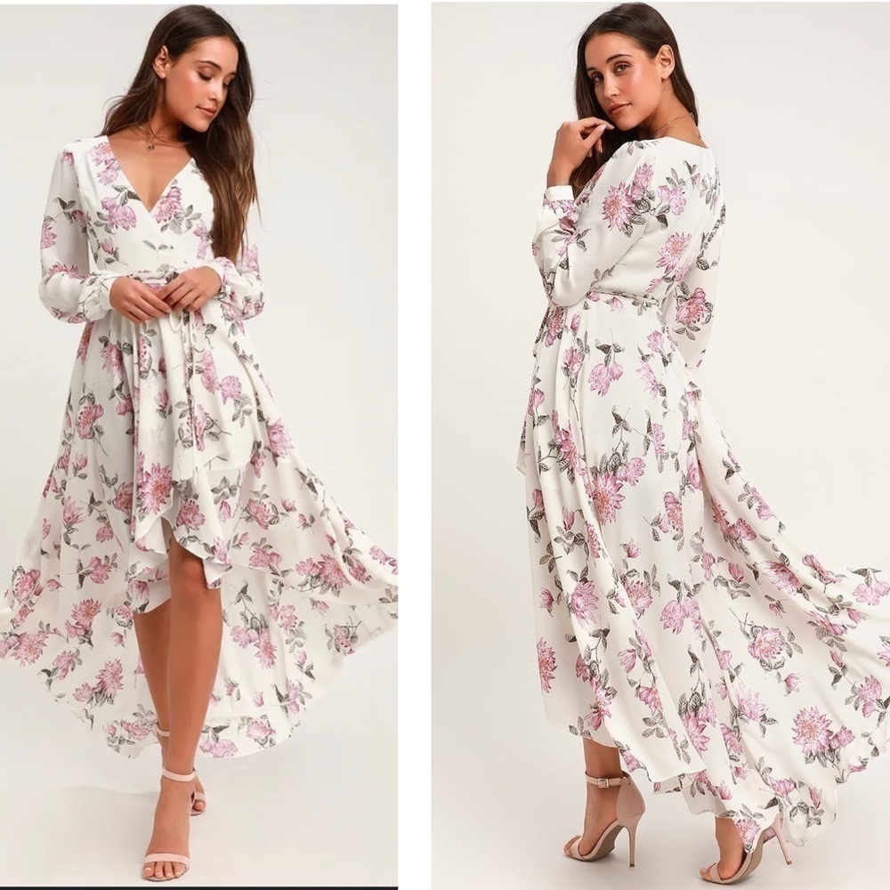 Lulu's Let it be White Floral Print Wrap Maxi Dress SzS